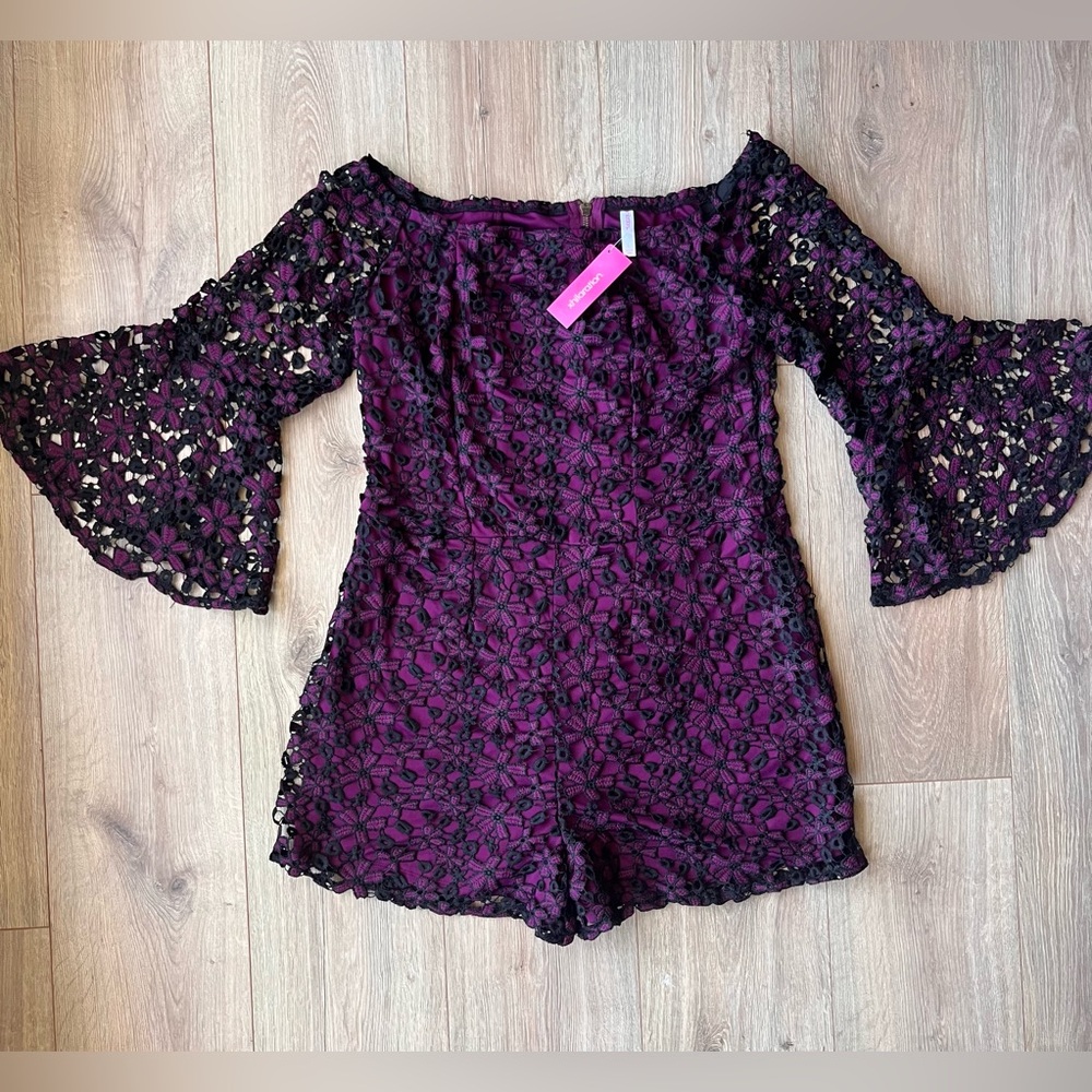 Xhilaration Magenta and Black Lace Romper sz L NWT Boho Feminine jumpsuit